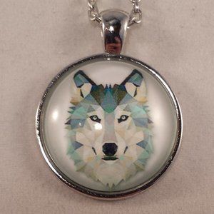 Men's Silver Wolf Cabochon Pendant Chain Necklace